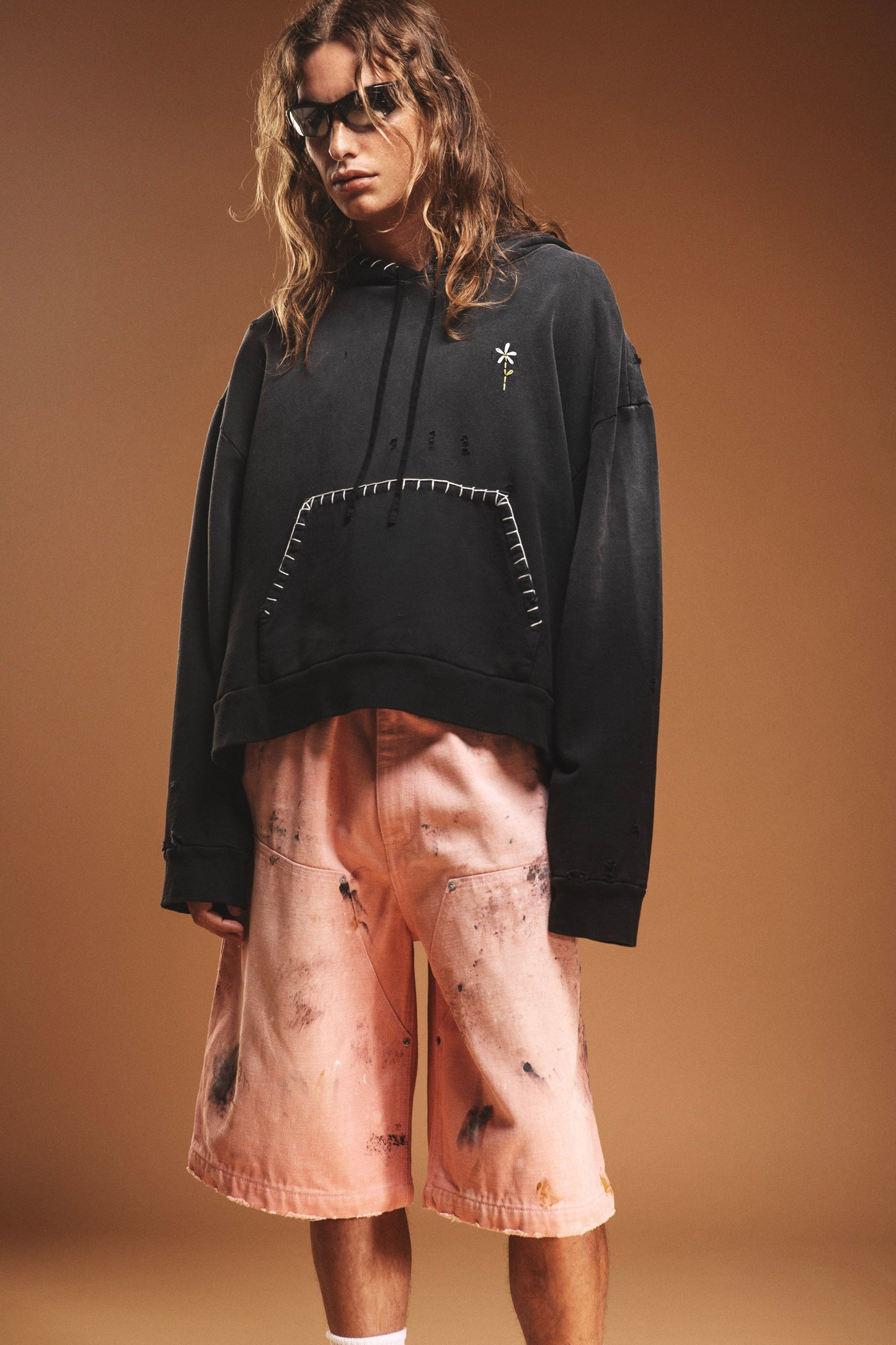Black Distressed Flower Sweatshirt - Black