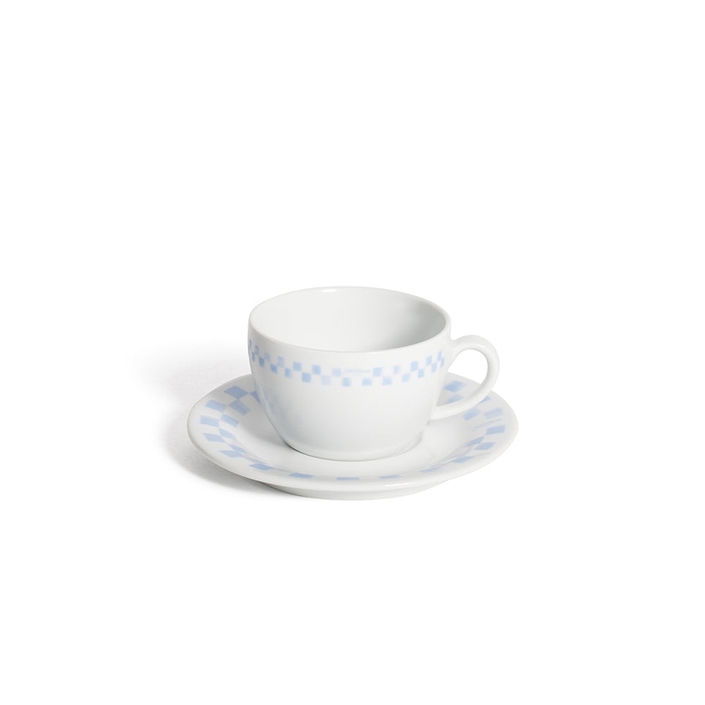 Checkerboard Porcelain Cappuccino Cup And Saucer - Grey Blue