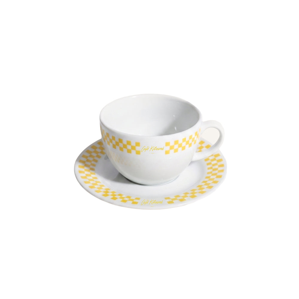 Checkerboard Porcelain Cappuccino Cup And Saucer - White/Lemonade