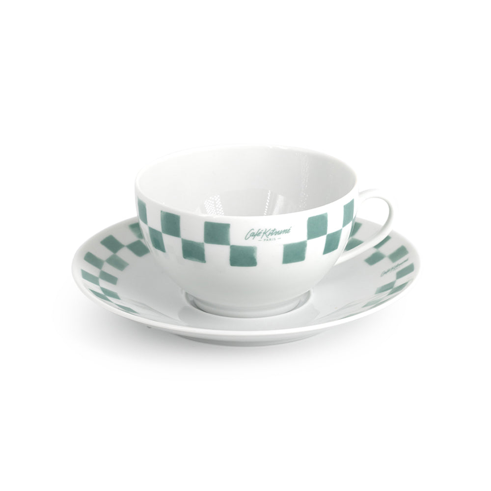 Checkerboard Porcelain Cappuccino Cup And Saucer - White/Matcha