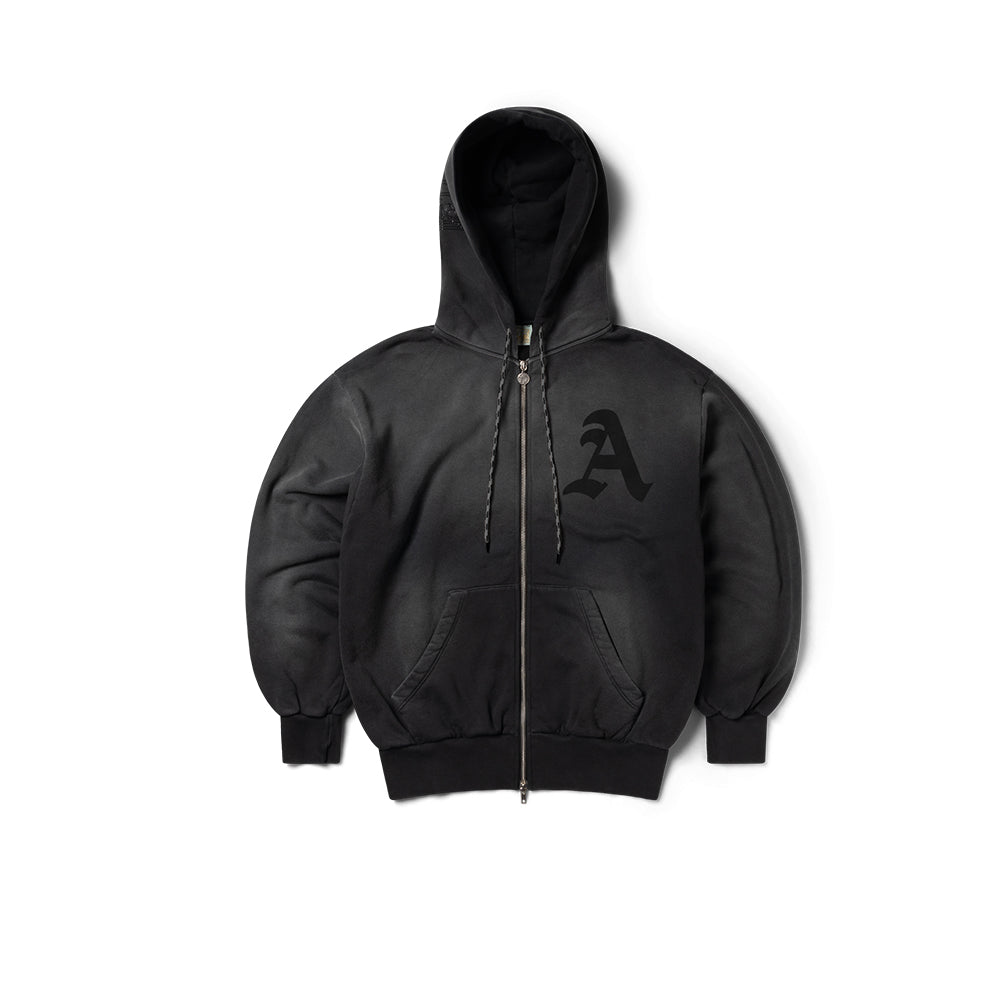 Aged Gothic Zip Through Hoodie - Black