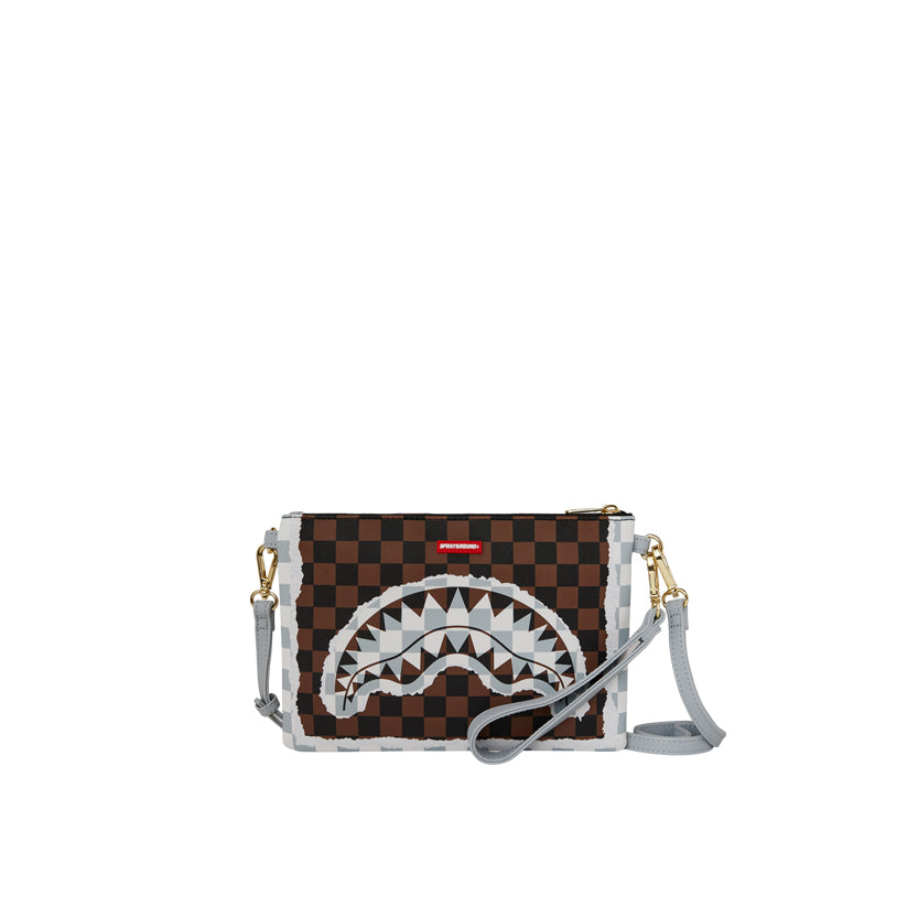 Cream And Brown Tear Check Crossover Clutch - Brown