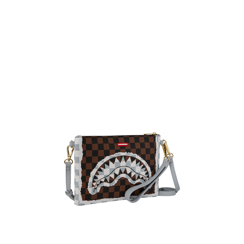 Cream And Brown Tear Check Crossover Clutch - Brown
