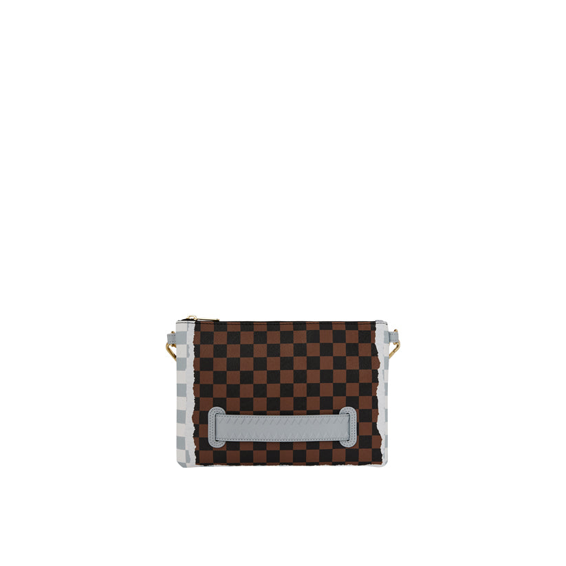 Cream And Brown Tear Check Crossover Clutch - Brown