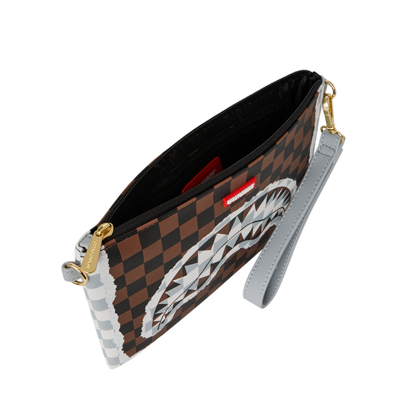 Cream And Brown Tear Check Crossover Clutch - Brown