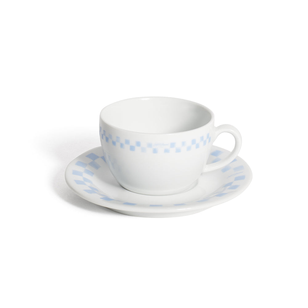 Checkerboard Porcelain Coffee Cup And Saucer - Grey Blue