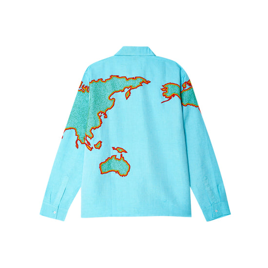 World Map Embroidered Shirt Woven (Blue)