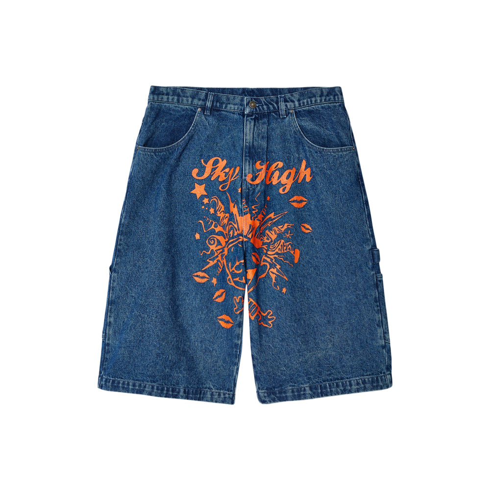 Mindblown Print Denim Shorts (Blue)